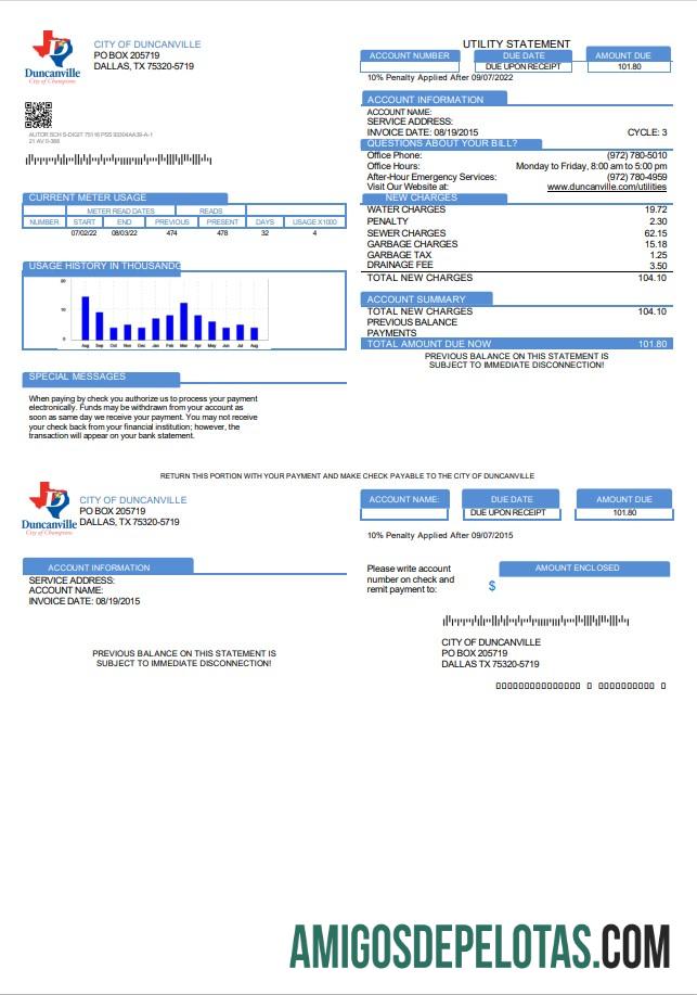 imprimível Modelo de conta de serviços públicos da cidade de Duncanville, Texas, EUA, em formato Word e PDF
